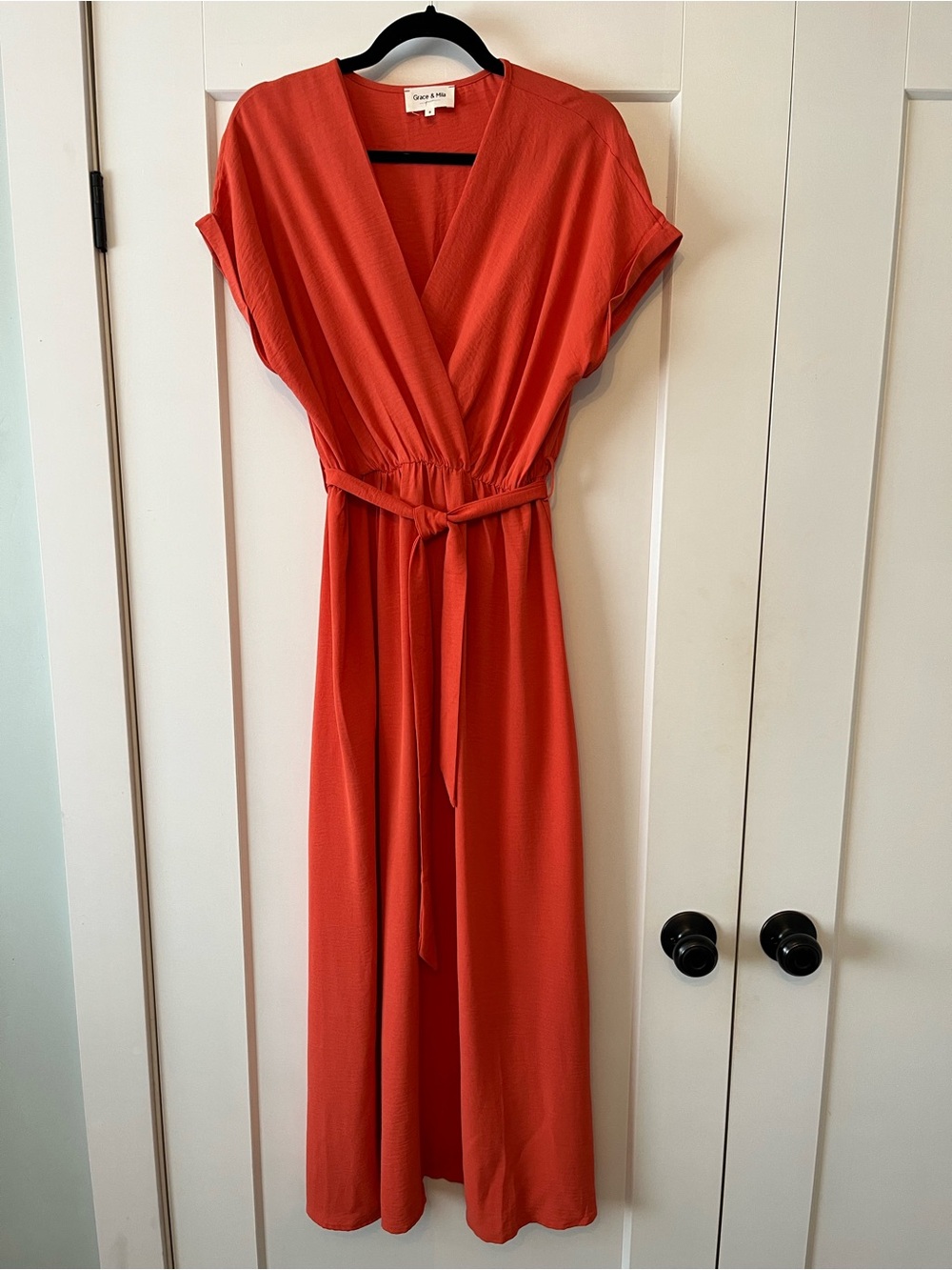 Soft Red Maxi Wrap Dress with Tie Waist
